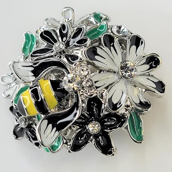 PETALS and Bee Stretch Ring Enamel Multi Dimensional White Black Stretch Band - Picture 3 of 11